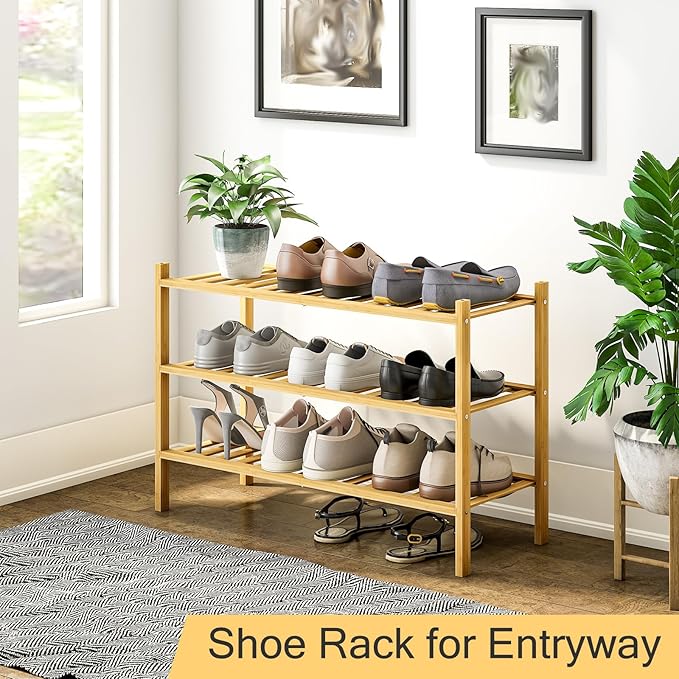 3-Tier Bamboo Shoe Rack for Entryway, Stackable | Heavy Duty | Multi-Function, Free Standing Shoe Racks for Bedroom Hallway Closet