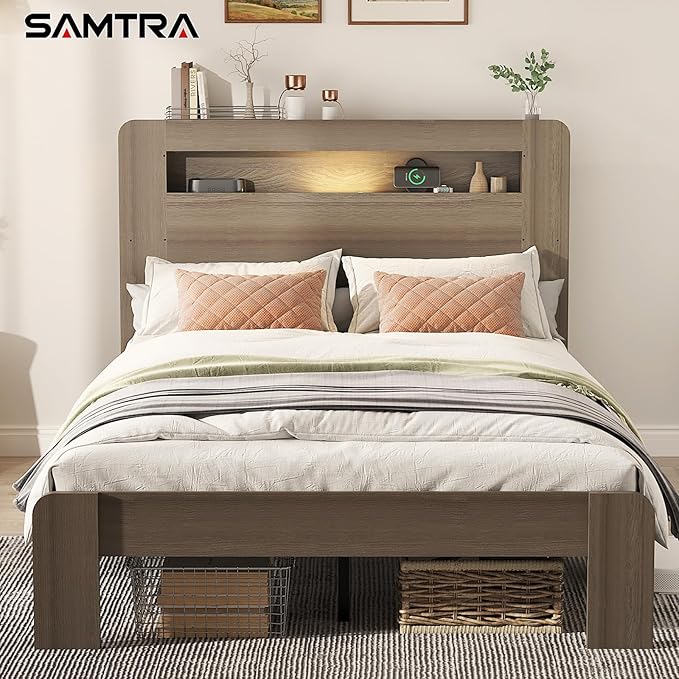 Wooden Bed Frame Full Size with Storage Headboard - Farmhouse Platform Bed Frame with Bookcase Shelf & Led Lights, Sturdy Wood Slat Framework Bed Frame (Light Brown LED)