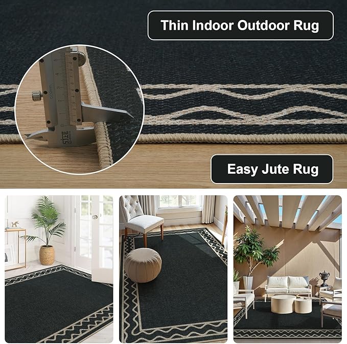 OJIA Easy Jute Washable Rugs 5x7 Outside Rug, Modern Outdoor Patio Rug for Living Room Wavy Border Indoor Outdoor Rug Farmhouse Non-Slip Black Carpet Geometric Area Rug for Backyard Dining Room