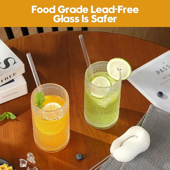 AkutaaVintage Hobnail Drinking Glasses Set of 6, 16 oz Large Capacity Embossed ClearTumblers, Highball Glasses for Water, Cocktail, Beer, Whiskey, Kitchen & Bar Use