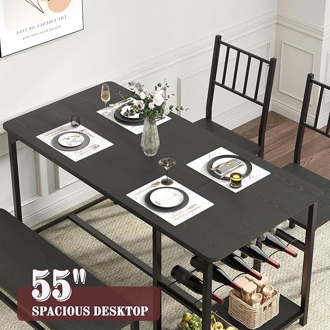 4 EVER WINNER Dining Table Set for 4, 55" Kitchen Table Chairs with 2 Chairs and Bench, 4 Piece Dining Room Table Set with Wine Rack & Wine Glasses Holder for Small Space, Black