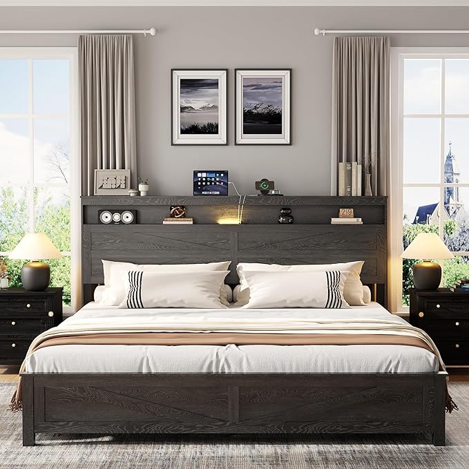 Farmhouse King Size Bed Frame with Headboard Storage Shelf, Wood Platform Bed Frame with LED Lights & Charging Station, Rustic Black Metal Bed, No Box Spring Needed, Noise-Free Sturdy Structure