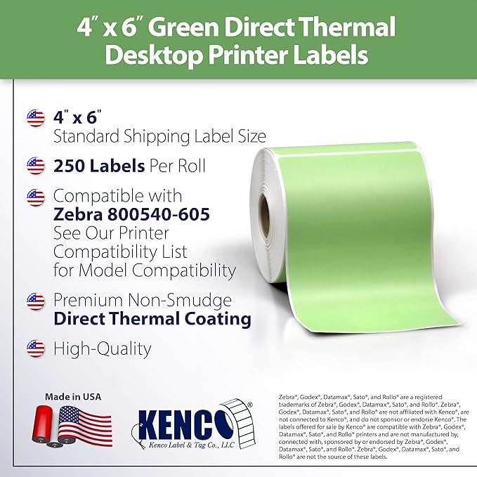 4" X 6" Direct Thermal Perforated Stickers Labels for Shipping Labels, Inventory, and Color Coding - Compatible with Zebra, Rollo, Godex and More (Green, 1 Roll)