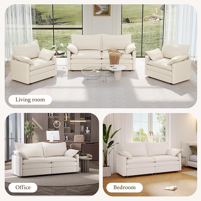Vesgantti 74" Loveseat Sofa for Living Room, Comfy Cloud Couch Deep Seat Corduroy Modern 2 Seater Small Sofa with Armrest Pillow, Easy Assembly for Small Spaces, Beige