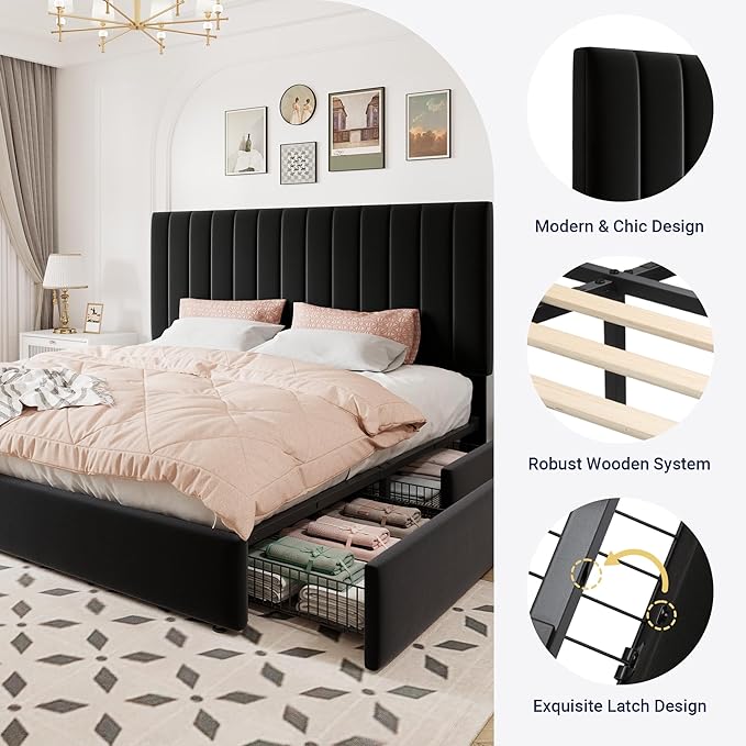 Allewie King Size Storage Bed Frame, Vertical Channel Tufted Adjustable Headboard, Velvet Upholstered Platform Bed with 4 Oversized Underbed Drawers, Wooden Slats Support, No Box Spring Needed, Black