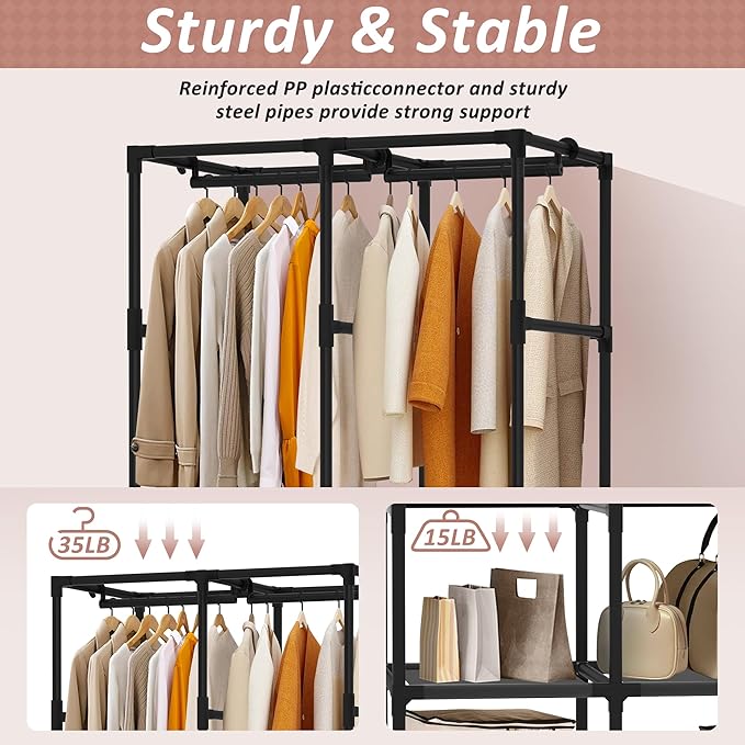 Wardrobe Closet, Quick and Easy Assembly, Gray Portable Closet with 2 Hanging Rods 4 Storage Shelves and Side 8 Pockets, Sturdy and Stable Clothes Rack with Cover, for Bedroom and Dormitory