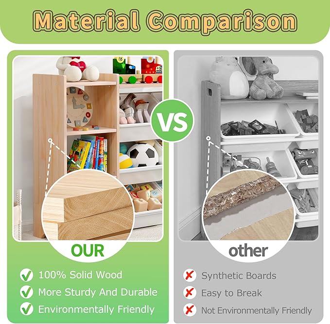 MallBest 4-Tier Kids' Toy Storage Organizer Shelf - 100% Solid Wood,Extra Wide Children's Storage Cabinet with 9 Plastic Bins and 6 Storage Ports
