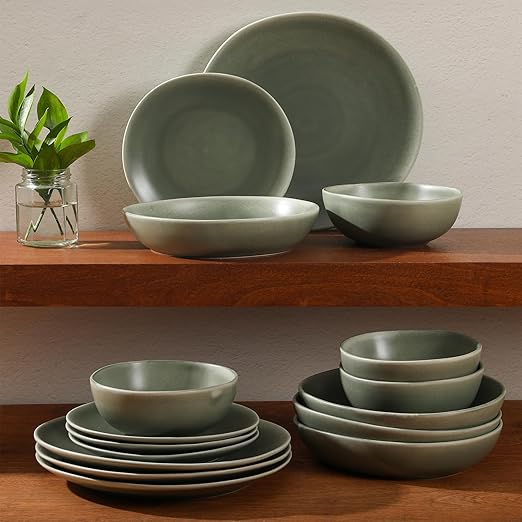 Gibson Elite Zion Mist 16 Piece Stoneware Reactive Glaze (Service for 4) Ceramic Plates and Bowls Modern Organic Dinnerware Set - Green