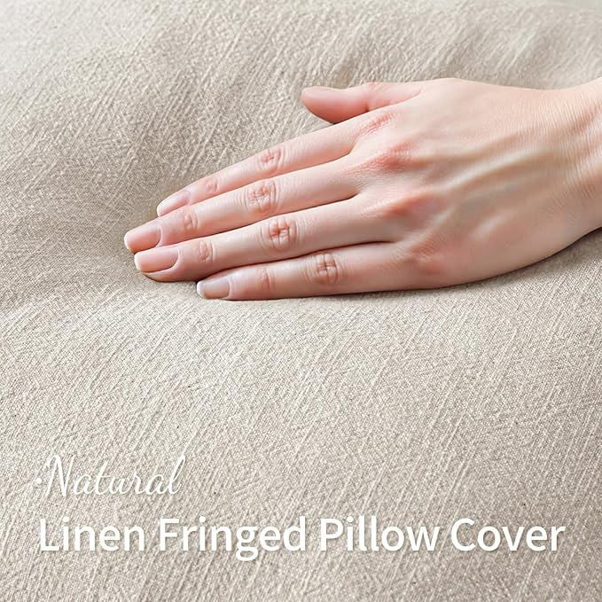 MIULEE Decorative Throw Pillow Covers Neutral Linen Fringe Throw Pillows Euro Shams Set of 2 Natural Beige Boho Farmhouse Cushion Covers for Couch Sofa Bed Living Room Spring Home Decor 26x26 Inch