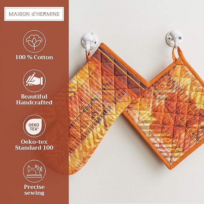 Maison d' Hermine 100% Cotton Oven Mitt & Pot Holder Set (7.5"x13" & 8"x8") Heat Resistant BBQ Cooking Gloves with Loop for Thanksgiving Christmas Decorations Handling Hot Pans (Thanksgiving Tartan)