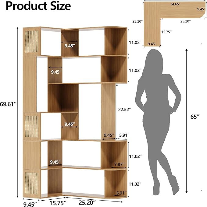 Corner Bookshelf 7-Tier,Farmhouse Corner Shelf,Tall Book Shelf L-Shaped Shelf Display Rack for Bedroom,Large Etagere Bookcase for Home Office Shelves(M-Walnut Wood)