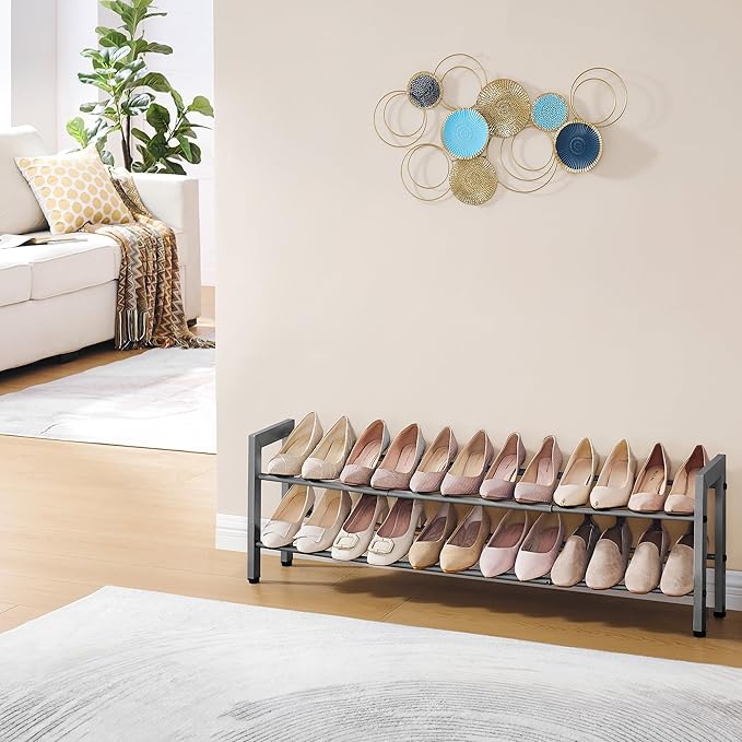 FAVOOSTY 2-Tier Expandable Shoe Rack, Adjustable Shoe Shelf Storage Organizer Space Saving Metal Free Standing Shoe Rack for Entryway Closet Doorway, Silver Grey