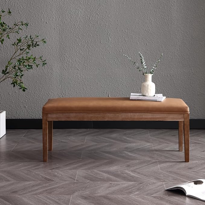 Upholstered Entryway Bench Farmhouse Shoe Benches for Hallway Porch Bedroom Bench for End of Bed Dining Bench for Dining Table Dining Room Kitchen Window with Wood Legs, PU Leather, Brown