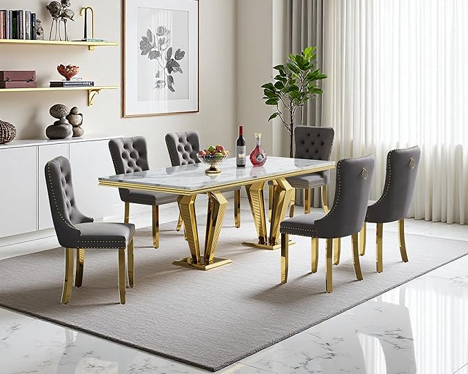 70" Faux Marble Dining Table Set for 6, 7-Piece Dining Set with White Gold Kitchen Table and 6 Velvet Tufted Chairs, Modern Rectangular Dining Room Table with Diamond-Shape Stainless Steel Base