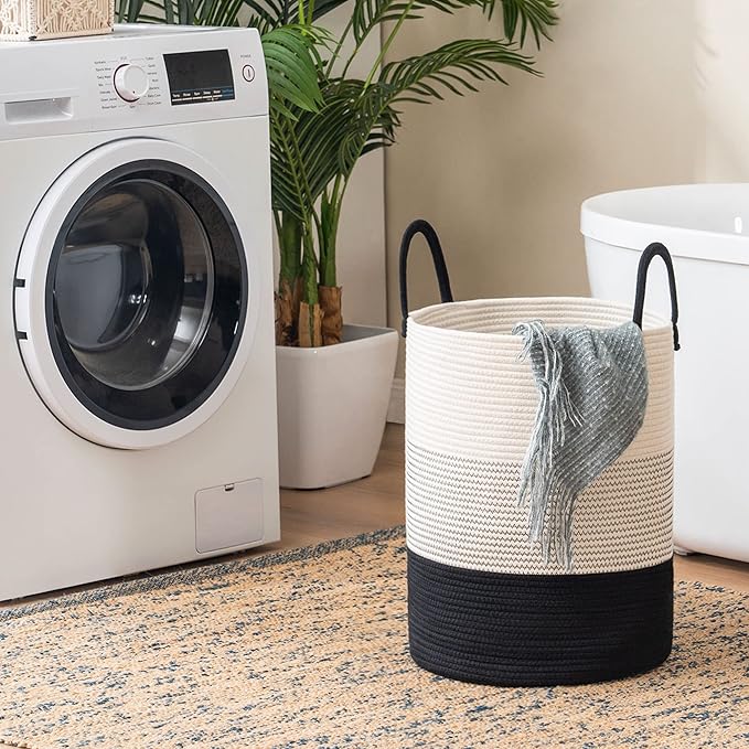 Woven Rope Laundry Hamper Basket, 72L Tall Laundry Basket, Baby Nursery Hamper for Blanket Storage in Bedroom-Large-Dark White