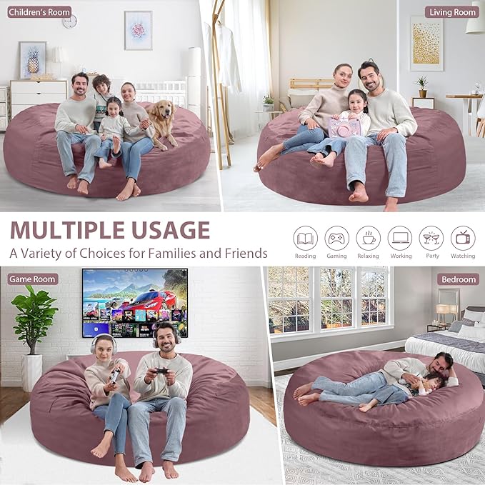 7FT Bean Bag Chair, Large Bean Bag Chairs with Memory Foam Filled, Fluffy Beanbag Sofa with Dutch Velvet Cover, Round BeanBag Chairs for Living Room, Playroom - Dusty Pink