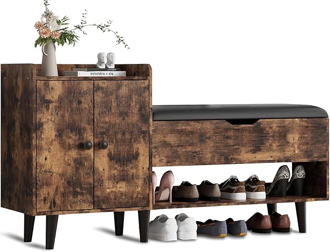 50" Entryway Shoe Bench with Hidden Storage,Shoe Organizer Storage Bench with Shelf and Cabinet Entryway Bench for Bedroom Living Room and Hallway