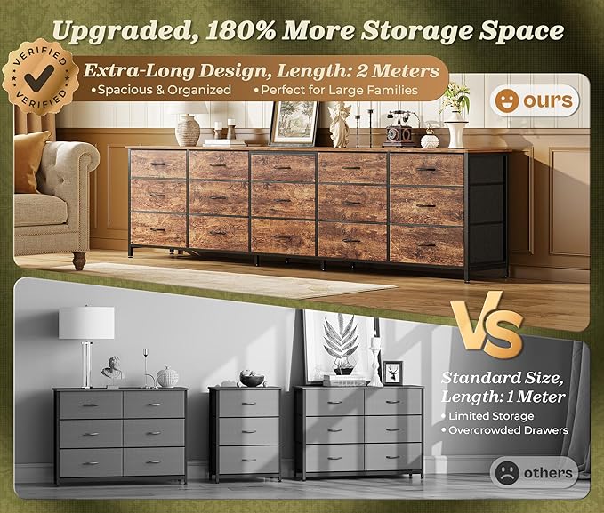 Huuger 78.7 inch Long Dresser for Bedroom, 15 Drawer Fabric Dresser for Closet, Large TV Stand for 65, 75, 85 inch TV, Wide Chest of Drawer with Storage, 78.7" W x 12.9" D x 26.7" H, Rustic Brown