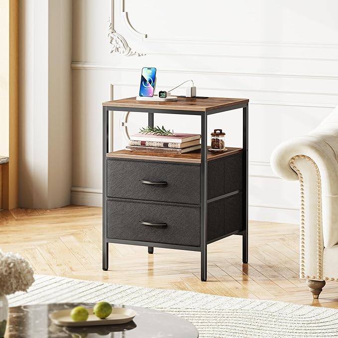 Huuger Night Stand with Charger Station, 27.7 Inch Tall Nightstand, Bed Side Table with 2 Fabric Drawers, Fabric Drawer Dresser for Bedroom, Living Room, Rustic Brown and Black