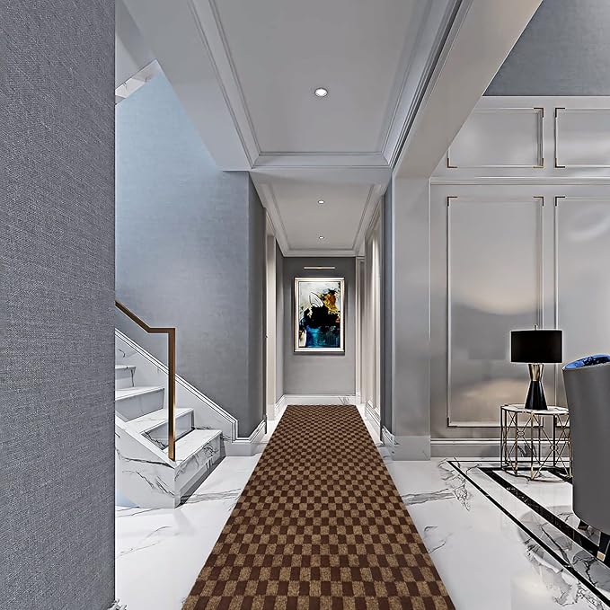 2' x 20' Runner Rugs with Rubber Backing, Indoor Outdoor Utility Carpet Runner Rugs, Checkered Brown, Can Be Used as Aisle for The RV and Boat, Laundry Room and Balcony