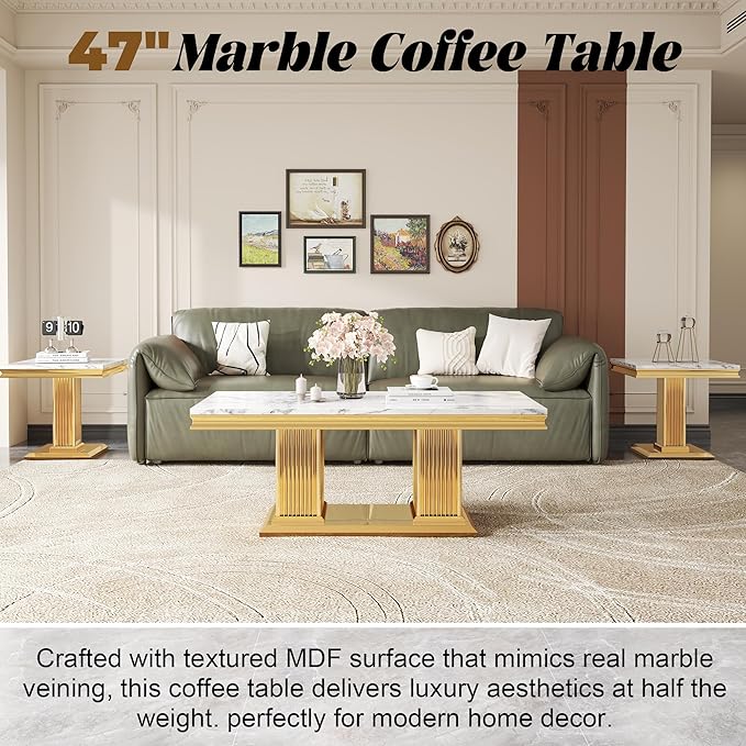 47" Marble Coffee Table, Modern White Center Table with Golden Pillar Stainless Steel Base, Rectangle Faux Marble Coffee Table for Living Room, Office