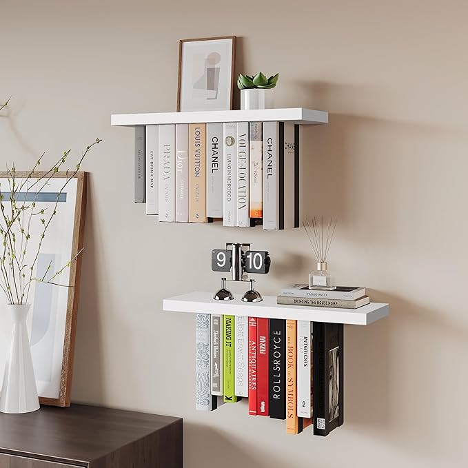 Floating Bookshelves for Wall, Rustic Wood Hanging Wall Bookshelf, Upside Down Book Shelf and Wall Mounted Bookshelves for Home Decor in Bedroom, Living Room, White 2 Pack