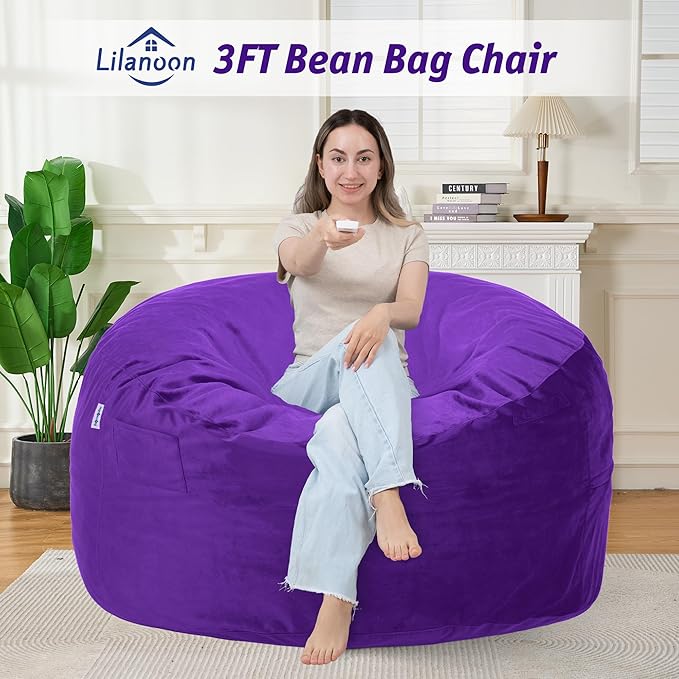 3FT Bean Bag Chair with Ultra Soft Velvet Cover Bean Bag Sofa with Memory Foam Bean Bag Chairs with Large Size Lazy Sofa for Dorm Office Living Room Bedroom Purple 3'