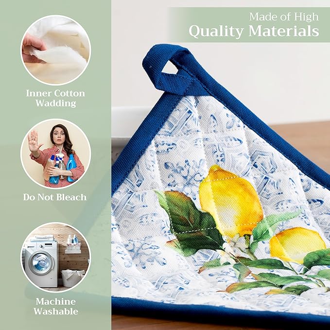Maison d' Hermine Pot Holders 100% Cotton Heat Resistant Potholders 8" x 8" Hot Pads with Loop BBQ, Cooking, Baking, Grilling, Kitchen, Handling Hot Pans Spring/Summer (Pack of 1, Citrus)