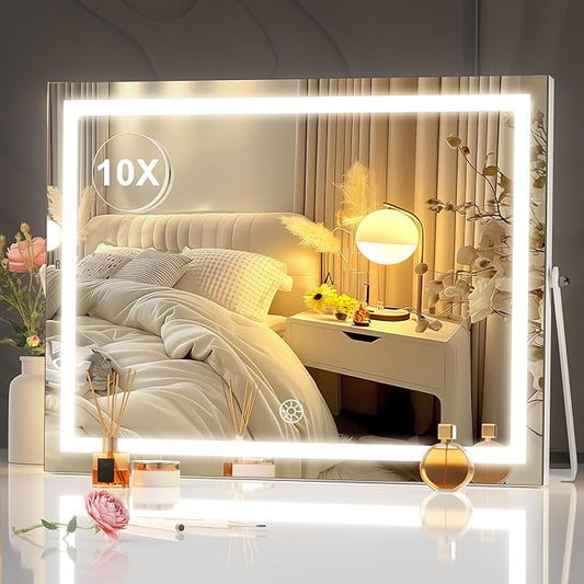 Hasipu Vanity Mirror with Lights, 17.7" x 13.8" LED Makeup Mirror with 10X Magnification, Smart Touch 3 Colors Dimmable, Brightness Adjustment, 360° Rotation, White