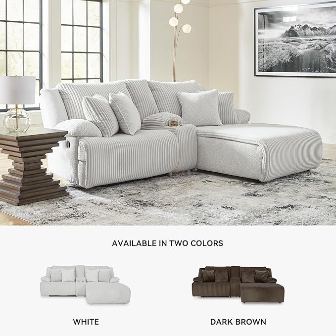 Signature Design by Ashley Top Tier Casual L-Shaped 3-Piece Reclining Sectional Sofa with Chaise, Console Storage and 4 Accent Pillows, White