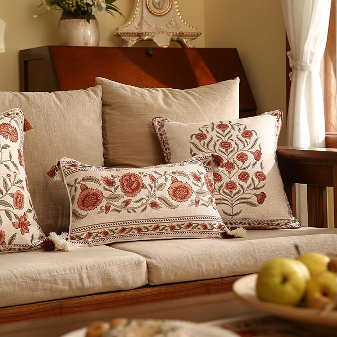 Design Linen Rectangle Vintage Throw Pillow Covers 12"x20" Pack of 2, Brick Red Cushion Covers with Orange Floral Green Leaves Pattern Decor Pillowcases for Bed,Living Room,Outdoor,Car