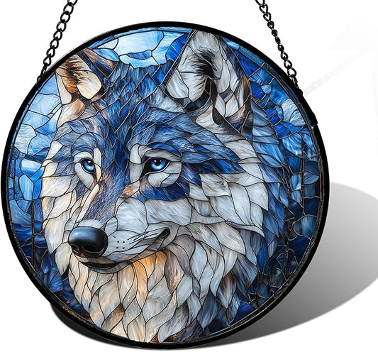 Stained Glass Window Hanging - Funny Wolf Suncatcher Ready to Hang Window Doors Home Decoration and Christmas, Mother's Day Birthday Gifts for Women, Men, and Mom 11.8x11.8 in