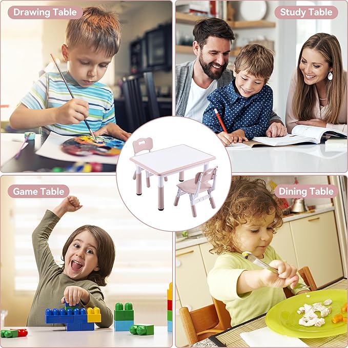 Kids Table and 2 Chairs Set, Height-Adjustable Toddler Table and Chair Set with Graffiti Desktop, 31.5''L x 23.6''W Children Activity Table for Daycare, Classroom, Home