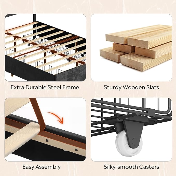 WLIVE Full Size Upholstered Bed Frame with 4 Drawers and Velvet Square Tufted Headboard, Sturdy Metal & Wooden Slats Support, No Box Spring Needed, Easy Assembly, Black