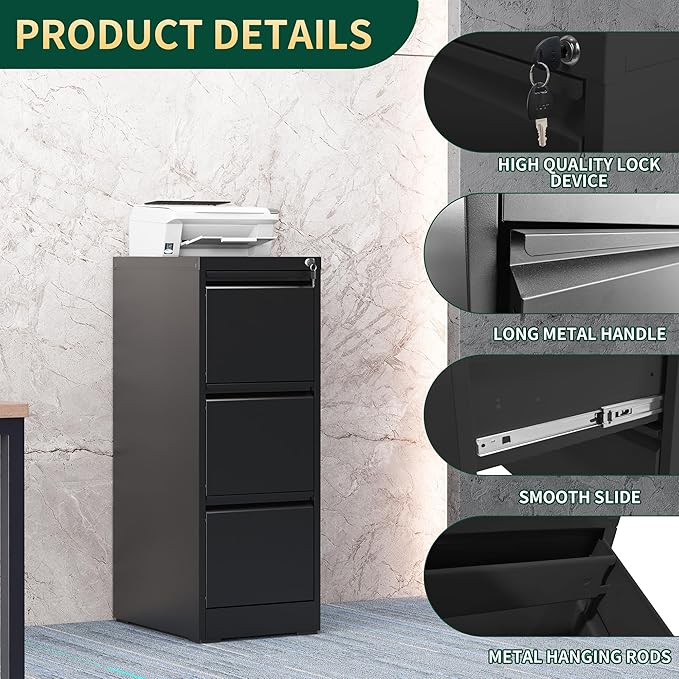 3 Drawer File Cabinet with Lock, Steel Vertical Filing Storage Cabinet for Home Office, Heavy-Duty File Cabinets for Letters/Legal/A4 (Require Assembly, Black)