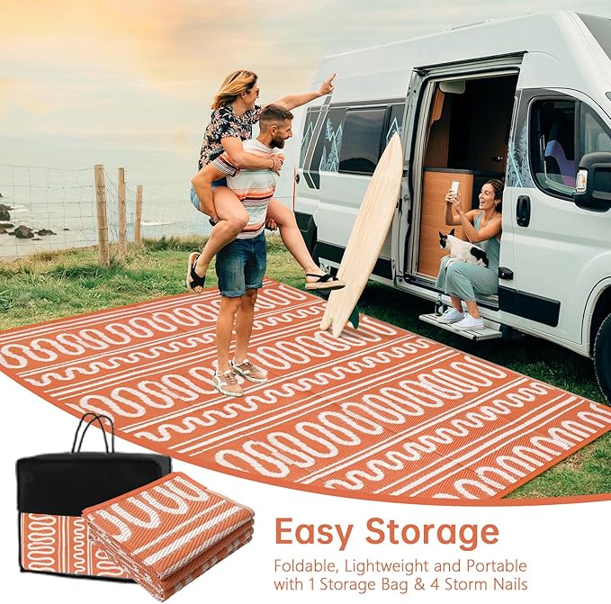 Beeiva Waterproof Outdoor Rug, 6x9 Plastic Outdoor Rug for Patio, Reversible Non Shedding RV Outdoor Mat for Deck, Balcony, Backyard, Porch, Camping, Picnic - Orange