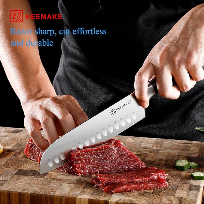KEEMAKE Chef Santoku Knife: 7 Inch Ultra Sharp Kitchen Knife with Stainless Steel Blade Japanese Knife for Cooking Meat Fruit Vegetable, with Ergonomic Pakkawood Handle and Gift Box Included