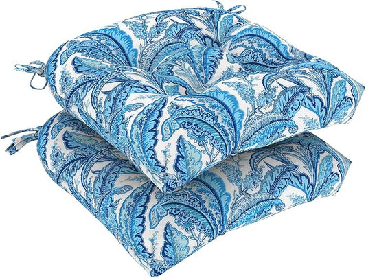 Set of 2 Outdoor Tufted Chair Cushions 19"x19"x4", Water Repellent Patio Seat Cushions with Ties, Replacement Chair Pads for Wicker Dining and Patio Furniture - Monotone Leaves Blue