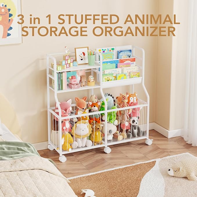BBLIKE Stuffed Animal Storage Organizer - Rolling Kids Bookshelf and Toy Storage with 3 Tiered Book Display and Toy Chest - Rolling Furniture for Kids Room, Playroom, Bedroom, Nursery, White