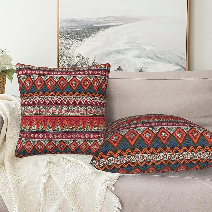 Farmhouse Vintage Boho Red Striped Throw Pillow Covers 18x18 Inch Set of 2 Bohemia Rustic Abstract Geometric Pillow Case Home Decor Cushion Cover of Sofa Living Room Bedroom