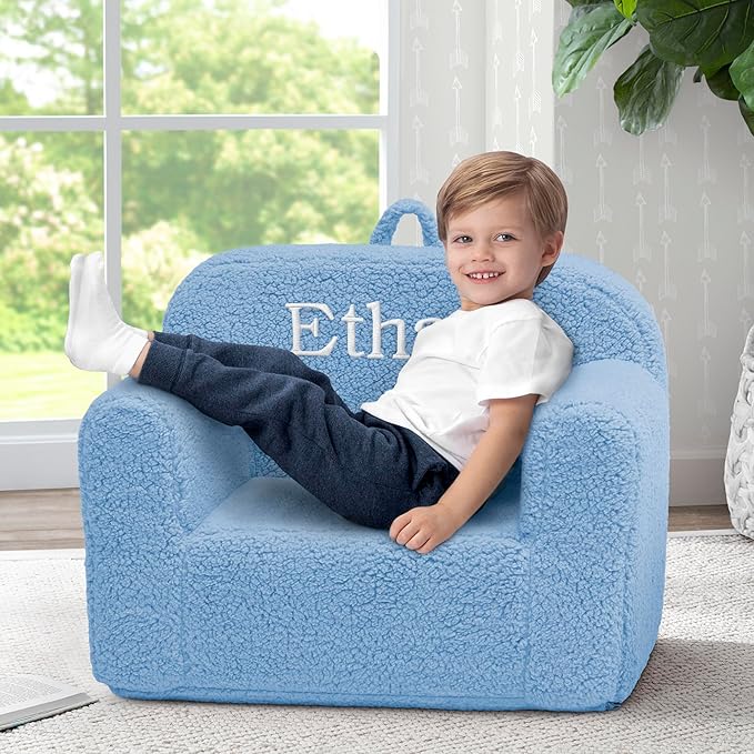 Delta Children Personalized Sherpa Cozee Chair - Customize with Name – Foam Kids Chair for Ages 18 Months and Up, Powder Blue