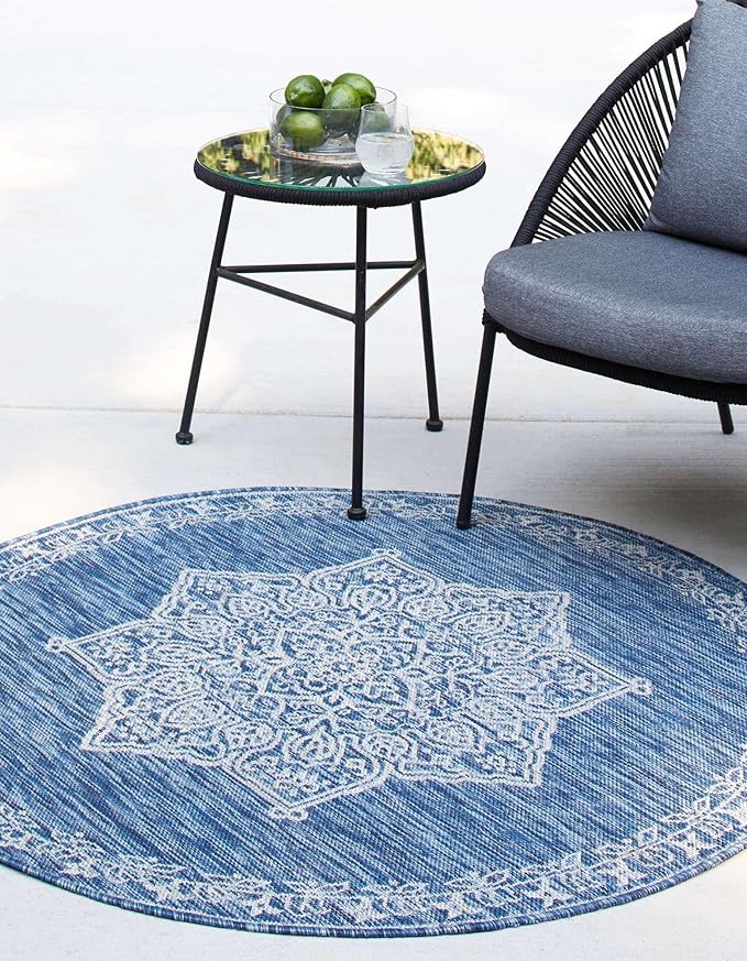 Unique Loom Outdoor Traditional Collection Area Rug - Antique (5' 3" Round Blue/Ivory)