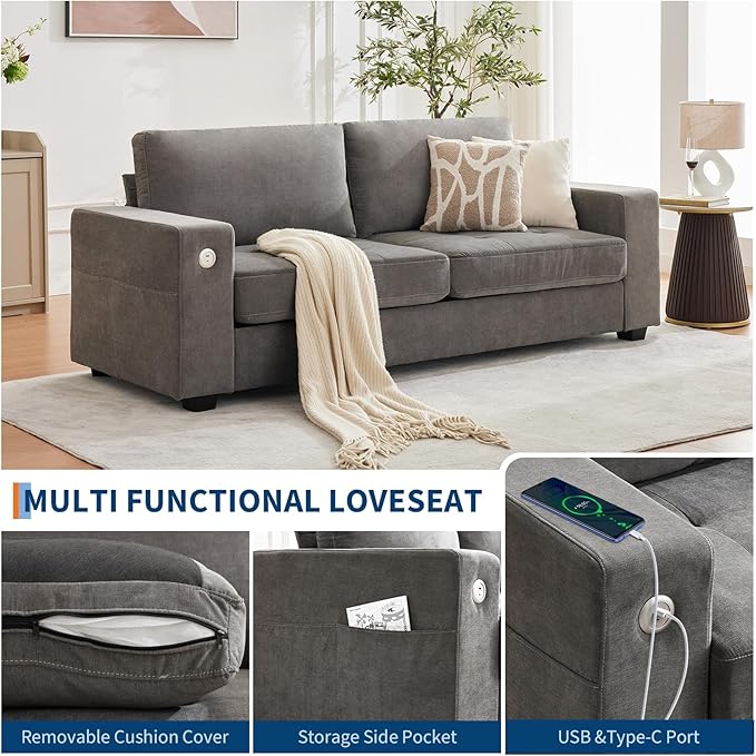 Garvee 90" Chenille Fabric Sofa Modern Comfort Sofa with USB/Type-C Ports, Deep Seat Cushions, Removable Cover, Wide Armrests Ideal for Living Rooms, Small Spaces & Apartments - Gray