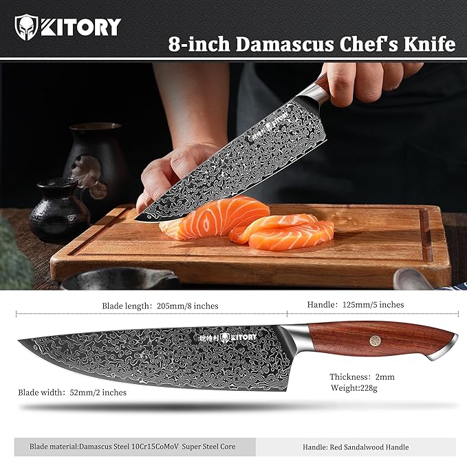 73 Layers Damascus Chefs Knife 8", 10Cr15CoMoV HC Super-Steel cutting core, Japanese Style Kitchen Knife, Full Tang Sandalwood Handle, w/t gift box