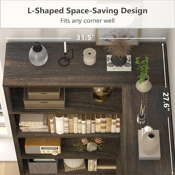 TVU Wood Corner Book Shelf, 5 Tier 65 Inch Tall Bookshelf with Storage, Floor Standing Display Book Shelf for Living Room, Kitchen, Home Office, Rustic Brown