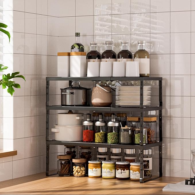 Cabinet Shelf,Expandable Adjustable Stackable Kitchen Organizer,for cabinets, Kitchens, countertops, bathrooms Shelf Organizer(3Packs/Black,Large)