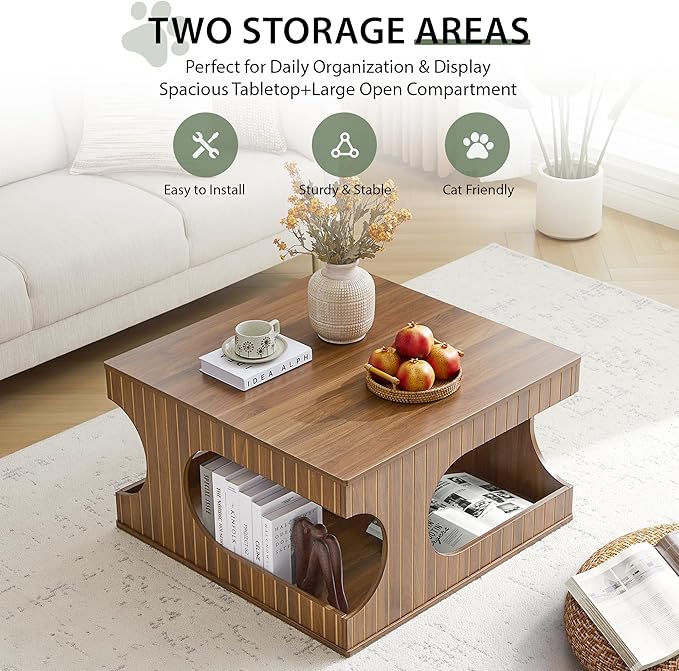 31.5" Square Coffee Table with Storage, Mid-Century Modern Center Table with Arched Cutouts and Carved Lines, 2-Tier Tea Table for Living Room, Cat-Friendly Base (Walnut)