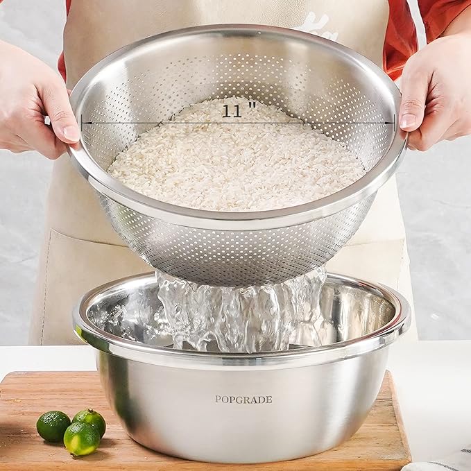 304 Stainless Steel Colander 5QT Microporous Colander & Large Bowl for Kitchen,Rice Strainer with Salad Mixing Bowl for Pasta Straining,Fruit Washing,Vegetable Draining,Food Mixing(2PCs)