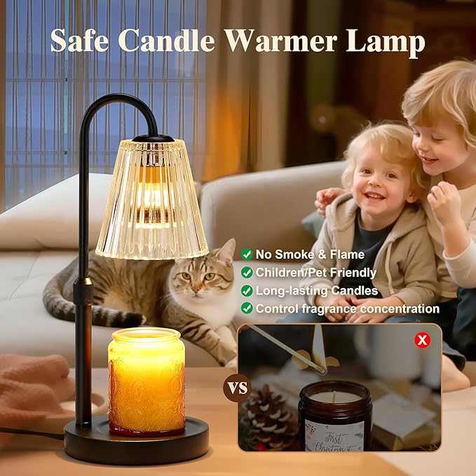 Briever Electric Candle Warmer Lamp with Timer Dimmer, Adjustable Height Wax Melter Warmer for Jar Candles, House Warming Gifts for New Home Decor, Birthday Gifts for Women, Black Wooden Base