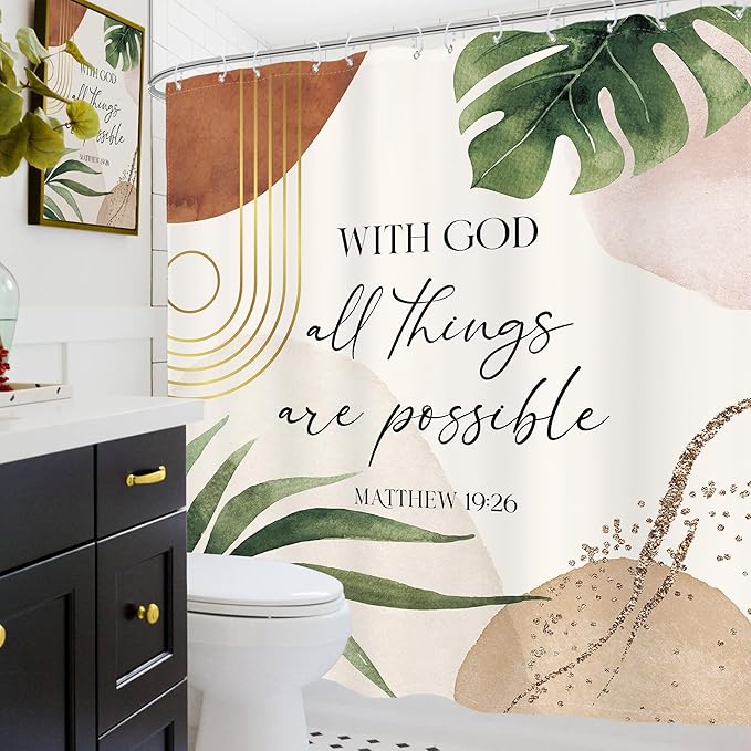Glawry Boho Bible Verse Shower Curtain Extra Long Inspirational Abstract Scriptures Quotes Palm Leaf Bathroom Mid Century Christian 72Wx78L Inches Bath Accessories Art Home Decor Fabric 12 Pack Hook